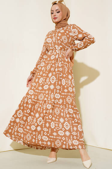 Bürümcüklü Kuşaklı Elbise Camel - Tesettür Elbise