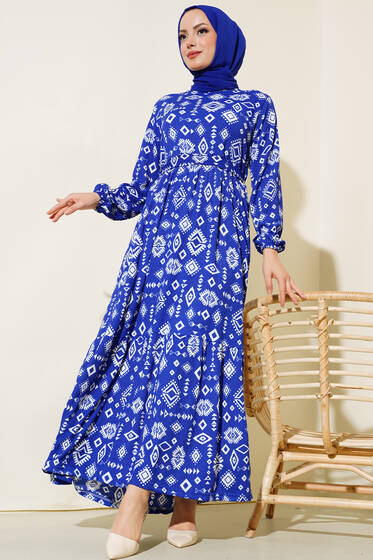 Bürümcüklü Kuşaklı Elbise Saks - Tesettür Elbise