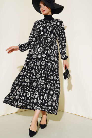 Bürümcüklü Kuşaklı Elbise Siyah - Tesettür Elbise