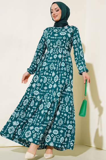 Bürümcüklü Kuşaklı Elbise Zümrüt - Tesettür Elbise