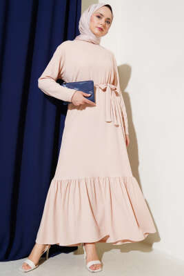Bürümcüklü Kuşaklı Kat Elbise Bej 