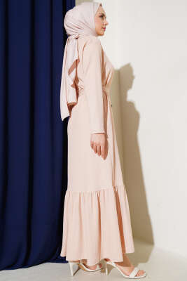 Bürümcüklü Kuşaklı Kat Elbise Bej - Tesettür Elbise