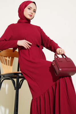Bürümcüklü Kuşaklı Kat Elbise Bordo - Tesettür Elbise