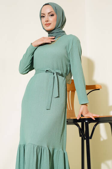 Bürümcüklü Kuşaklı Kat Elbise Çağla Yeşili - Elbise