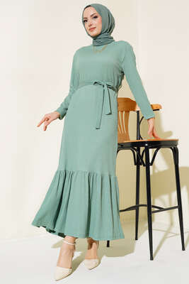 Bürümcüklü Kuşaklı Kat Elbise Çağla Yeşili - Thumbnail