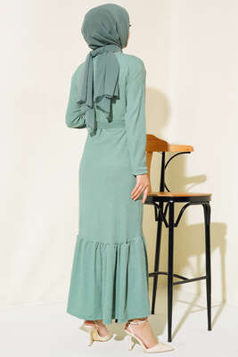 Bürümcüklü Kuşaklı Kat Elbise Çağla Yeşili - Thumbnail