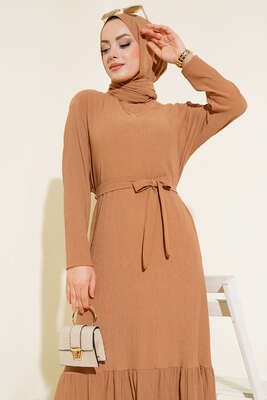 Bürümcüklü Kuşaklı Kat Elbise Camel - 300-500 TL Ürünler