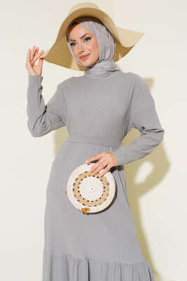 Bürümcüklü Kuşaklı Kat Elbise Gri - Tesettür Elbise