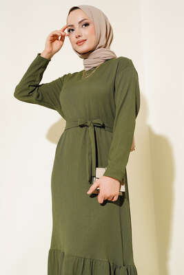Bürümcüklü Kuşaklı Kat Elbise Haki - Yılın Fırsatı