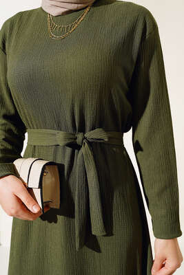 Bürümcüklü Kuşaklı Kat Elbise Haki - Yılın Fırsatı