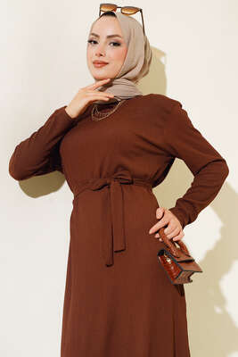 Bürümcüklü Kuşaklı Kat Elbise Kahve - Yılın Fırsatı