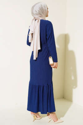 Bürümcüklü Kuşaklı Kat Elbise Lacivert - Tesettür Elbise