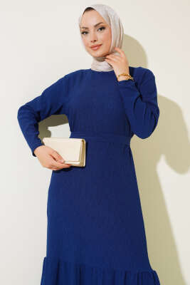 Bürümcüklü Kuşaklı Kat Elbise Lacivert - Tesettür Elbise