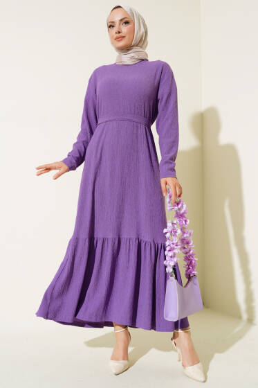 Bürümcüklü Kuşaklı Kat Elbise Lila - Elbise