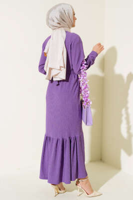 Bürümcüklü Kuşaklı Kat Elbise Lila - Tesettür Elbise