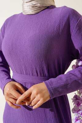 Bürümcüklü Kuşaklı Kat Elbise Lila - Tesettür Elbise