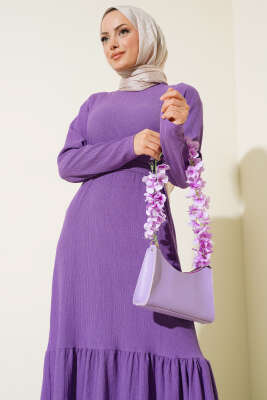 Bürümcüklü Kuşaklı Kat Elbise Lila - Tesettür Elbise