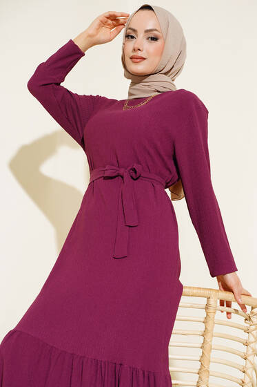 Bürümcüklü Kuşaklı Kat Elbise Mürdüm - Elbise