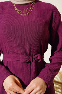 Bürümcüklü Kuşaklı Kat Elbise Mürdüm - Yılın Fırsatı