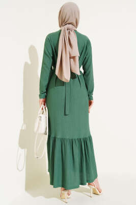 Bürümcüklü Kuşaklı Kat Elbise Yeşil - Tesettür Elbise