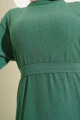 Bürümcüklü Kuşaklı Kat Elbise Yeşil - Tesettür Elbise