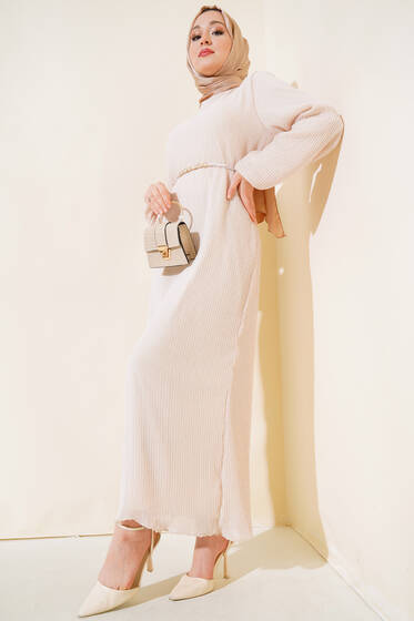 Bürümcüklü Şifon Elbise Bej - Tesettür Elbise