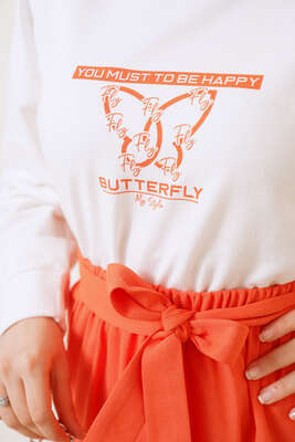 Butterfly Baskılı Sweat Etek Takım Oranj - Etek