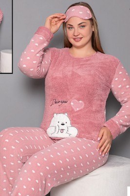 Büyük Beden Kalpli Bordo Welsoft Pijama Takımı - Thumbnail