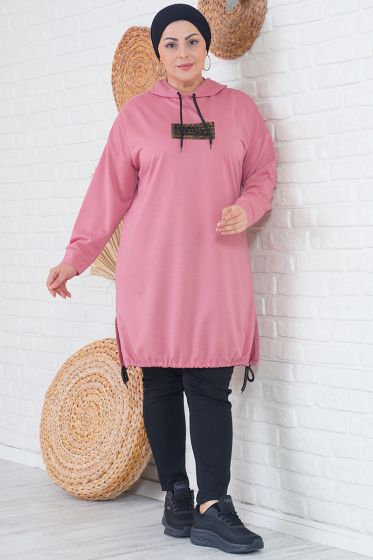 Büyük Beden Yazı Baskılı Gül Kurusu Uzun Tunik - Uzun Tunik