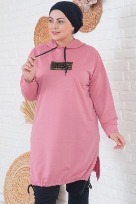 Büyük Beden Yazı Baskılı Gül Kurusu Uzun Tunik - Uzun Tunik