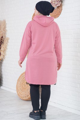 Büyük Beden Yazı Baskılı Gül Kurusu Uzun Tunik - Uzun Tunik