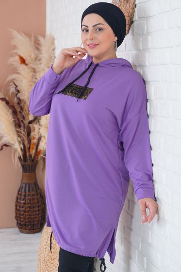 Büyük Beden Yazı Baskılı Mor Uzun Tunik - Uzun Tunik