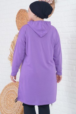 Büyük Beden Yazı Baskılı Mor Uzun Tunik - Uzun Tunik