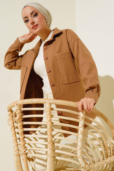 Büyük Cepli Kaşe Ceket Latte - Ceket