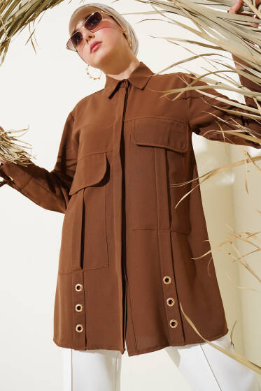 Büyük Cepli Kuş Gözlü Gömlek Kahve - Gömlek