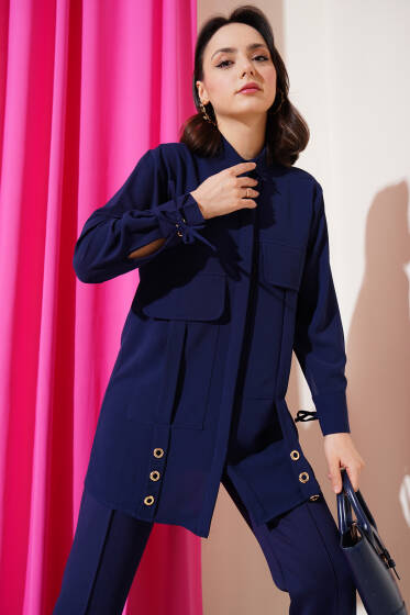 Büyük Cepli Kuş Gözlü Gömlek Lacivert - Gömlek