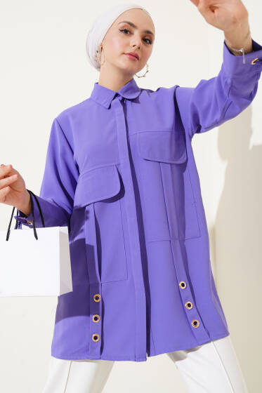 Büyük Cepli Kuş Gözlü Gömlek Lila - Gömlek