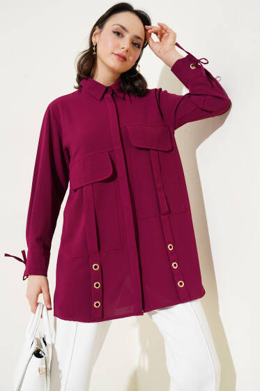 Büyük Cepli Kuş Gözlü Gömlek Mürdüm - Gömlek