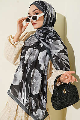 Büyük Çiçek Desen Bambu Kraş Şal Antrasit 