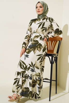 Büyük Çiçek Desenli Kuşaklı Elbise Haki - TEGOE