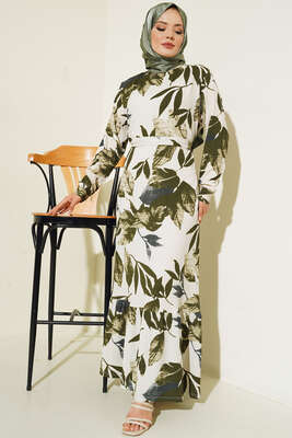 Büyük Çiçek Desenli Kuşaklı Elbise Haki - Tesettür Elbise