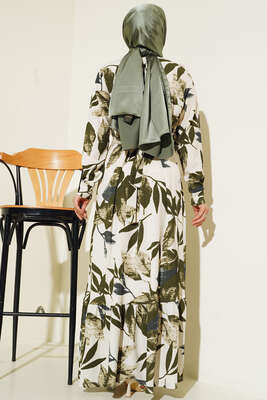 Büyük Çiçek Desenli Kuşaklı Elbise Haki - Tesettür Elbise