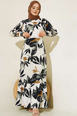 Büyük Çiçek Desenli Kuşaklı Elbise Lacivert - TEGOE