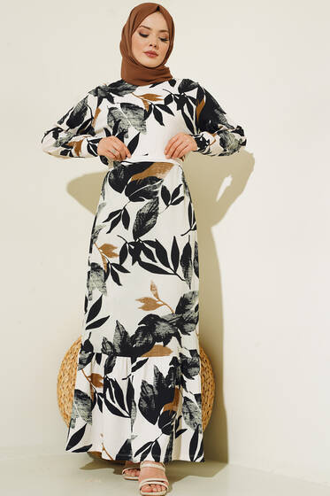 Büyük Çiçek Desenli Kuşaklı Elbise Lacivert - Tesettür Elbise