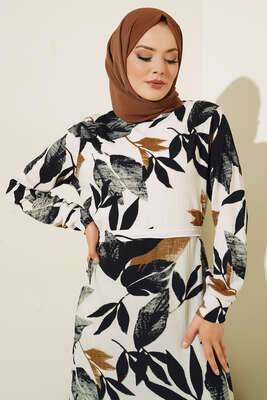 Büyük Çiçek Desenli Kuşaklı Elbise Lacivert - Tesettür Elbise