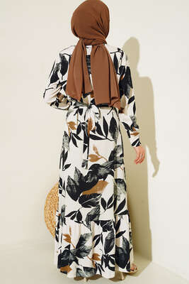 Büyük Çiçek Desenli Kuşaklı Elbise Lacivert - Tesettür Elbise