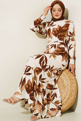 Büyük Çiçek Desenli Kuşaklı Elbise Taba - TEGOE