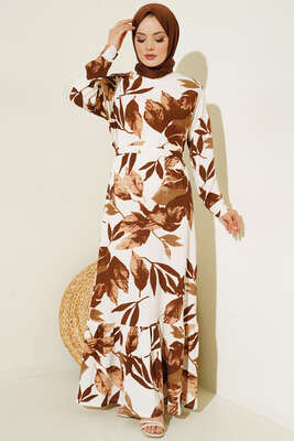 Büyük Çiçek Desenli Kuşaklı Elbise Taba - Tesettür Elbise