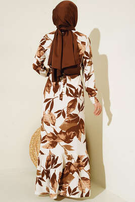 Büyük Çiçek Desenli Kuşaklı Elbise Taba - Tesettür Elbise