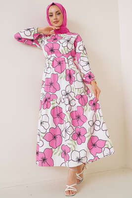 Büyük Çiçek Desenli Terikoton Elbise Pembe - Thumbnail